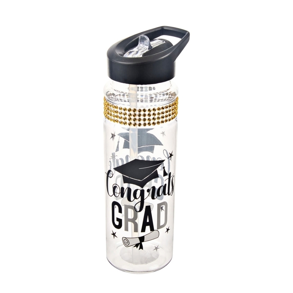 NEW Graduation Plastic Water Bottle Flip Top Straw Black Gold Bling Grad Gift